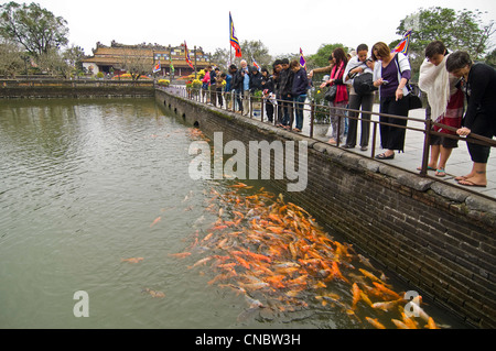 Vue horizontale de touristes affamés d'alimentation de la carpe Trung Dao (voie centrale) pont à l'intérieur du Palais Impérial ou Royal à Hue. Banque D'Images