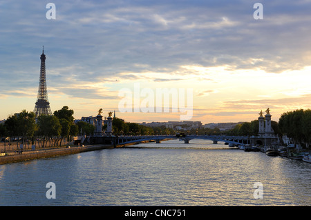 France, Paris, quais de Seine classés au Patrimoine Mondial par l'UNESCO, le Pont Alexandre III et la Tour Eiffel Banque D'Images
