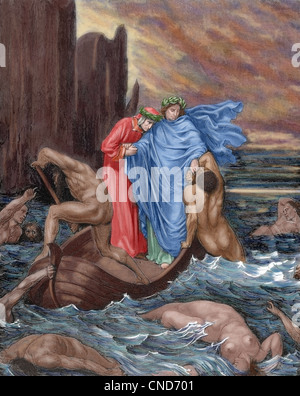 Divine Comédie. Dante et Virgile traverser le fleuve Styx dans le bateau de Phlegyas. Gravure de Gustave Dore. De couleur. Banque D'Images