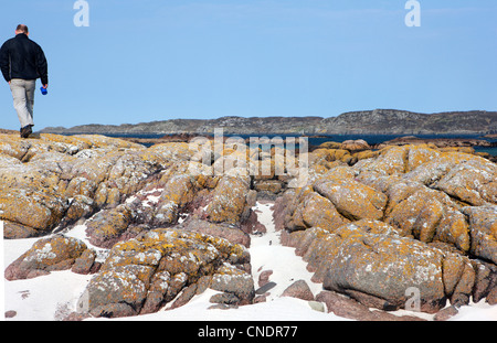 L'homme sur les roches de granit rose moucheté de lichen jaune dans la côte ouest de l'Ecosse Banque D'Images