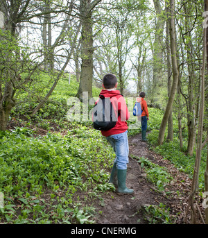 Les garçons sur la marche de vacances dans le Nord du Yorkshire, près de West Burton, Wensleysdale, Richmondshire, UK Banque D'Images