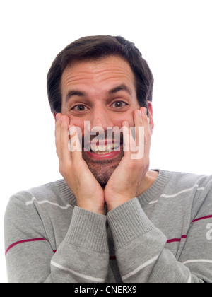 Portrait d'un jeune homme exalté avec beard looking at camera Banque D'Images