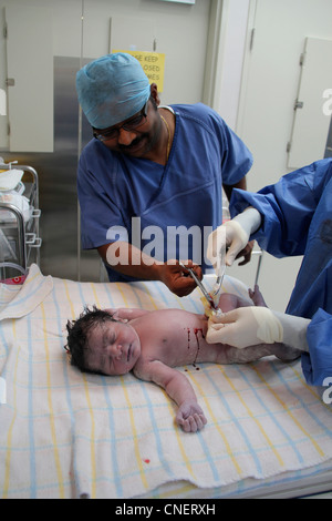 Coupe de cordon ombilical de père de bébé nouveau-né peu après la naissance. Banque D'Images