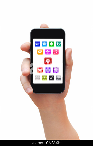 Hand holding smartphone avec des icônes d'applications, isolé sur blanc, chemin de détourage Banque D'Images