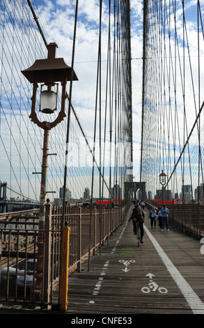 Ciel bleu portrait passerelle piétonne cycliste personnes ci-dessous mi-tension des câbles de suspension du pont de Brooklyn, en direction de Brooklyn, New York Banque D'Images