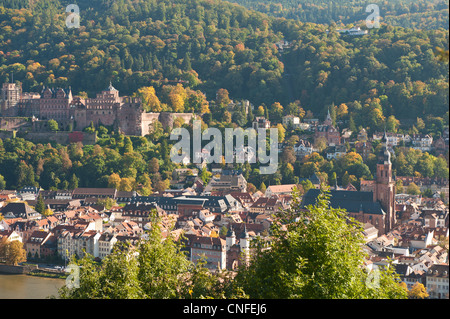 Vue de la vieille ville de Heidelberg avec Neckar et du château d'Heidelberg Philosophenweg, Heidelberg, Allemagne. Banque D'Images