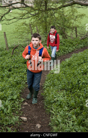 Deux frères de marcher sur le chemin, au-dessus de West Burton dans le parc national du North Yorkshire Dales, le Royaume-Uni Banque D'Images