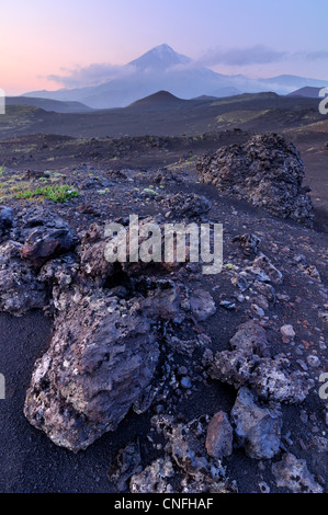 Champ de lave et Volcan Tolbachik, péninsule du Kamchatka, Russie Banque D'Images