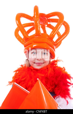 Fille avec grande explosion d'orange couronne pour jeu de football néerlandais ou Queens day over white background Banque D'Images