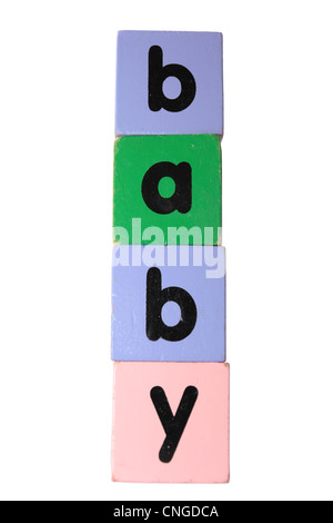 Un assortiment de jouets pour enfants lettre building blocks sur un fond blanc qui articule le bébé avec clipping path Banque D'Images