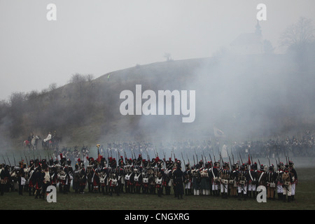 Reconstitution de la bataille d'Austerlitz (1805) à la colline de Santon près du village de Tvarozna, République tchèque. Banque D'Images