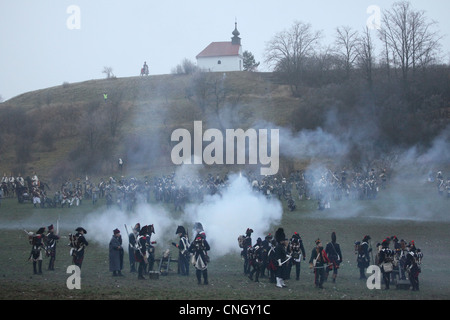 Reconstitution de la bataille d'Austerlitz (1805) à la colline de Santon près du village de Tvarozna, République tchèque. Banque D'Images