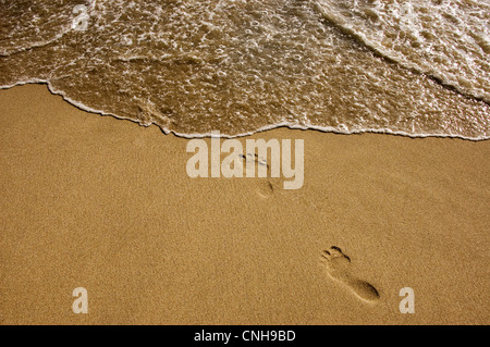 Des empreintes de pas dans le sable avec l'eau de l'océan Banque D'Images