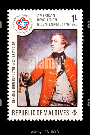 Timbre-poste des Maldives représentant général John Burgoyne (peinture par Reynolds). Banque D'Images