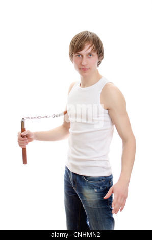 L'art martial Homme avec nunchucks. Isolated over white. Banque D'Images