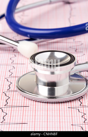 Photo d'un électrocardiogramme ou ECG EKG impression with stethoscope Banque D'Images