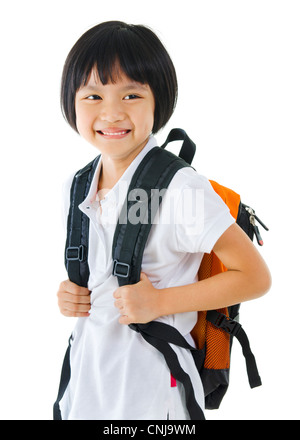 7 ans Pan Asian school girl sur fond blanc Banque D'Images