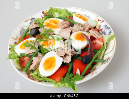 Un bol de salade niçoise traditionnelle - laitue, pomme de terre, tomate, haricots verts, Thon, anchois, oeufs, etc. Banque D'Images