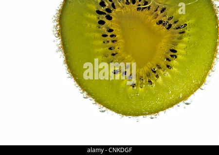 Une nouvelle tranche de kiwi flotte dans l'eau gazéifiée, éclairé on white Banque D'Images