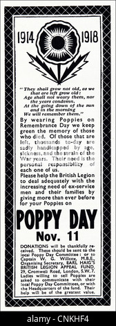 1914 11 novembre 1918 Journée du coquelicot 1930 vintage Original annonce annonce dans une revue, publicité Publicité Banque D'Images