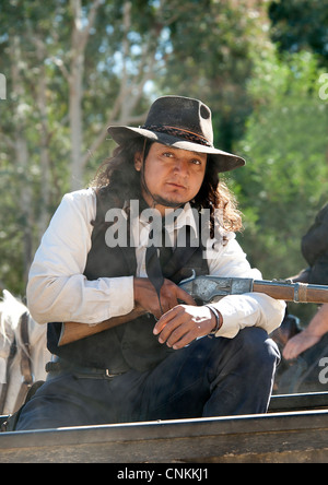 Cowboy Sheriff assis sur un chariot à Mini Hollywood Film , la Province d'Almeria, Andalousie, Espagne Banque D'Images