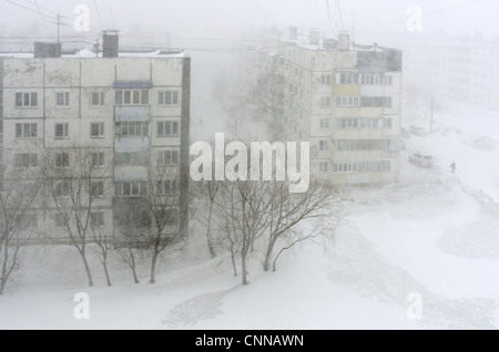 L'hiver. Blizzard de neige en Russie, Sakhaline, Yuzhno-Sakhalinsk. une faible visibilité, Snowdrift. Routes et rues couvertes de neige Banque D'Images