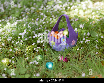 Panier d'oeufs de Pâques dans l'herbe Banque D'Images