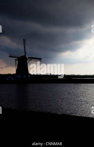 Paysage typiquement hollandais avec moulin à vent et ciel orageux, Texel, le frison îles dans la mer des Wadden, la Hollande, les Pays-Bas, Europe Banque D'Images