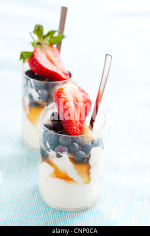 Close-up de yaourt à la grecque avec du miel, les bleuets et les fraises Banque D'Images