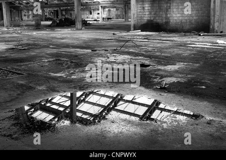 Réflexions dans une flaque d'eau dans une vieille usine abandonnée Banque D'Images