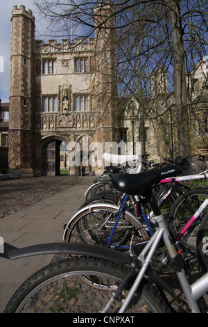 Les vélos garés dans les casiers à l'extérieur de la Trinity College de Cambridge. Banque D'Images