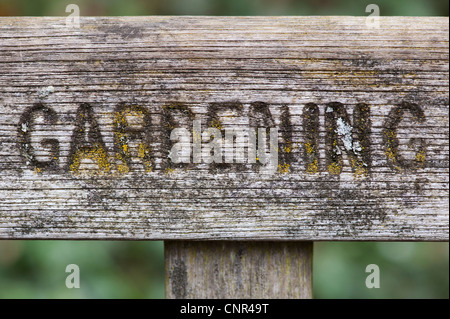 Le mot Jardinage sculptée dans un rail de siège en bois Banque D'Images