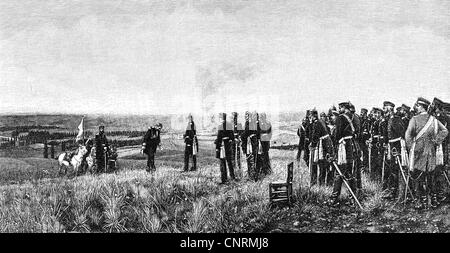 Evénements, guerre franco-prussienne 1870 - 1871, bataille de Sedan, 1.9.1870, le général André Reille délivrant la lettre de l'empereur Napoléon III au roi Guillaume I de Prusse, gravure en bois après peinture par Anton von Werner, vers 1883, reddition, personnel général, Allemagne, France, 19e siècle, franco-prussien, historique, historique, historique, peuple, Droits supplémentaires-Clearences-non disponible Banque D'Images