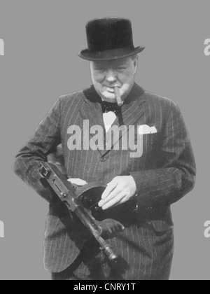 Photo vector restaurés numériquement de Sir Winston Churchill avec un Tommy Gun. Banque D'Images