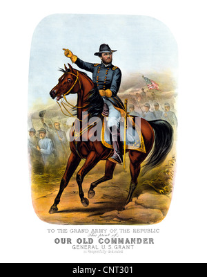 Vintage poster guerre civile du Général Ulysses S. Grant, à cheval, menant les troupes de l'Union dans la bataille. Banque D'Images