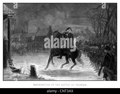 L'histoire de l'Amérique Vintage print du Général George Washington sur son cheval menant des troupes armées à la bataille de Trenton. Banque D'Images