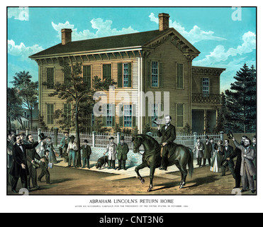 Guerre civile Vintage print d'Abraham Lincoln à cheval comme une foule à la vôtre. Banque D'Images