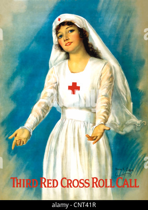 Vintage poster de la Première Guerre mondiale d'une croix rouge nurse holding ouvrir ses bras. Il lit, troisième appel de la Croix Rouge. Banque D'Images