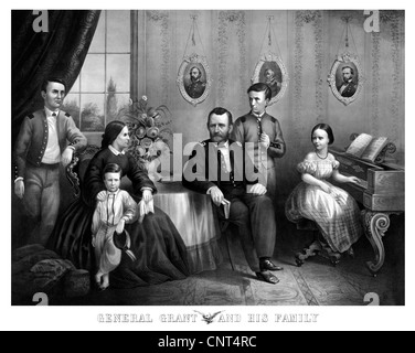 Guerre civile Vintage print du Général Ulysses S. Grant et sa famille posant à la maison. Banque D'Images