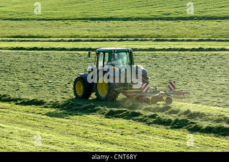 Tracteur avec faneur rotatif sur un pré, Allemagne Banque D'Images