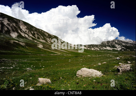 Paysage aux montagnes ensoleillées meadows et rock avec des nuages blancs se profilent derrière, l'Italie, Nationalpark Abruzzes Banque D'Images