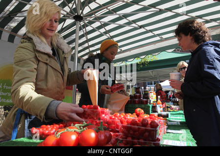 Vente de tomates à Queen's Park Farmers' Market, Londres Banque D'Images