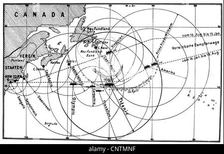 Transport / transport, navigation, catastrophes, naufrage du 'Titanic', 14./15.4.1912, gammes de navires et stations de radio à proximité, carte, droits additionnels-Clearences-non disponible Banque D'Images