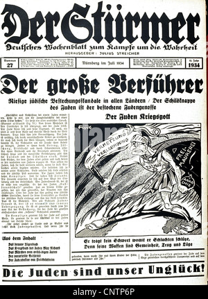 National-socialisme / nazisme, propagande, presse / médias, 'der Stuermer', Nuremberg, juillet 1934, première page, titre: 'Le grand déluge', caricature 'le dieu juif de la guerre', droits additionnels-Clearences-non disponible Banque D'Images