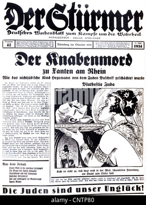 National-socialisme / nazisme, propagande, presse / médias, 'der Stuermer', No 42, octobre 1934, page d'accueil, titre, 'le meurtre de garçon à Xanten sur le Rhin', caricature: 'Juda, la bête sanguinaire', dessin par FIPS, Additional-Rights-Clearences-not available Banque D'Images