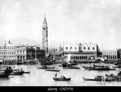 Géographie / Voyage, Italie, Venise, Piazzetta, après peinture par Bernardo Bellotto (Canaletto), historique, historique, 18ème siècle, campanile, Piazza San Marco, place Saint Marc, Vénétie, Venetia, Europe du Sud, métropole, gondole, gondoles, volume de trafic, Canale Grande, personnes, droits additionnels-Clearences-non disponible Banque D'Images