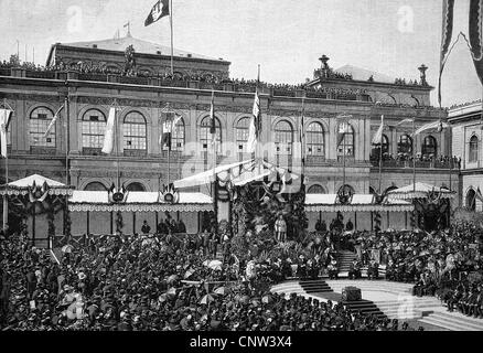 Pose de la première pierre du nouvel hôtel de ville à Hambourg le 05/06/1886, historique de la gravure sur bois, 1886 Banque D'Images