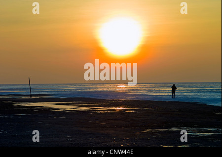 Silhouette d'une femme debout à la mer des wadden à marée basse à la recherche sur la mer du Nord et de regarder le coucher du soleil, de l'ALLEMAGNE, Basse-Saxe, Landkreis Cuxhaven, Cuxhaven Banque D'Images