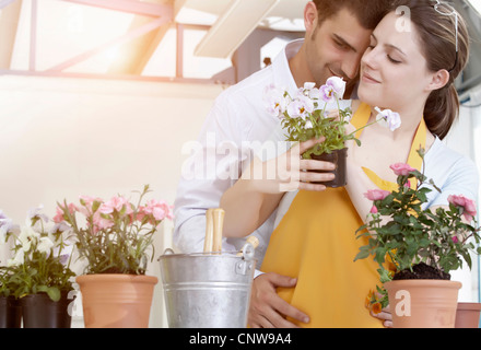 Couple de-potting plantes ensemble Banque D'Images