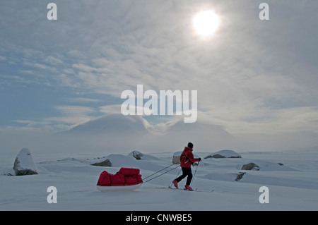 Skieur ayant pulk sur le lac gelé jusqu'Akkajaure Akka, montagnes en arrière-plan, la Suède, la Laponie, Norrbotten, Stora Sjoefallet National Park Banque D'Images